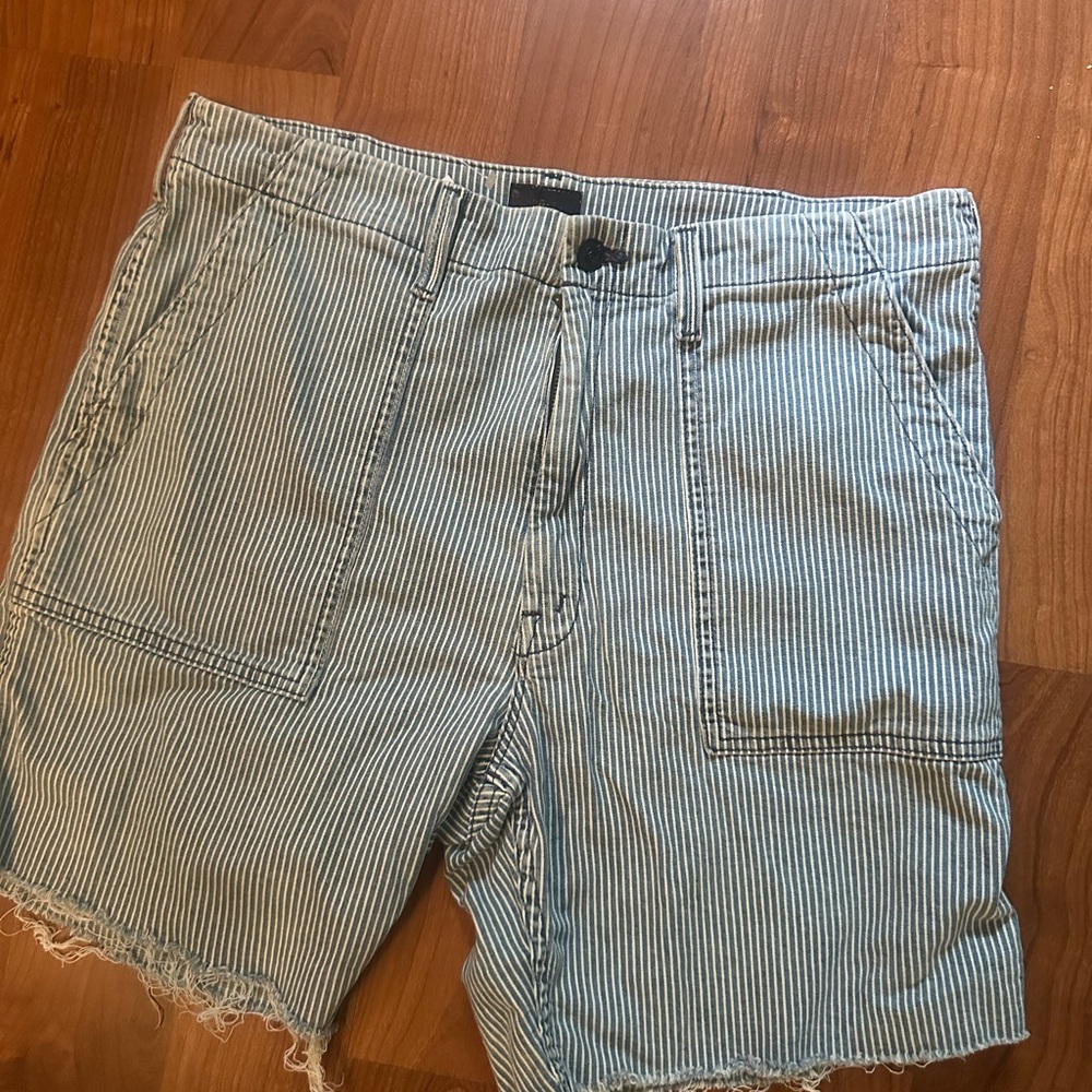 MOTHER Pinstripe Denim Shorts in Blue and White